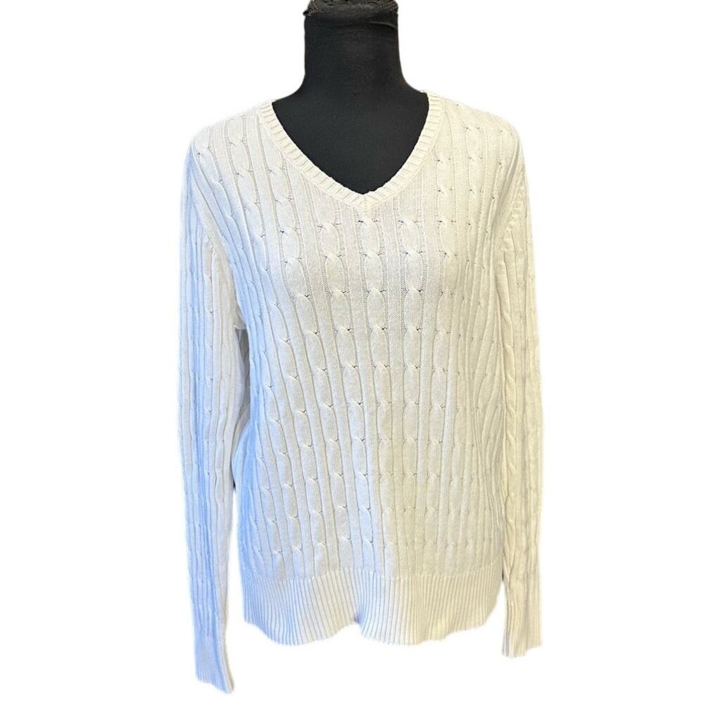 St. John's Bay Cotton Sweater Size L Off White Long Sleeve V-Neck Cable Knit